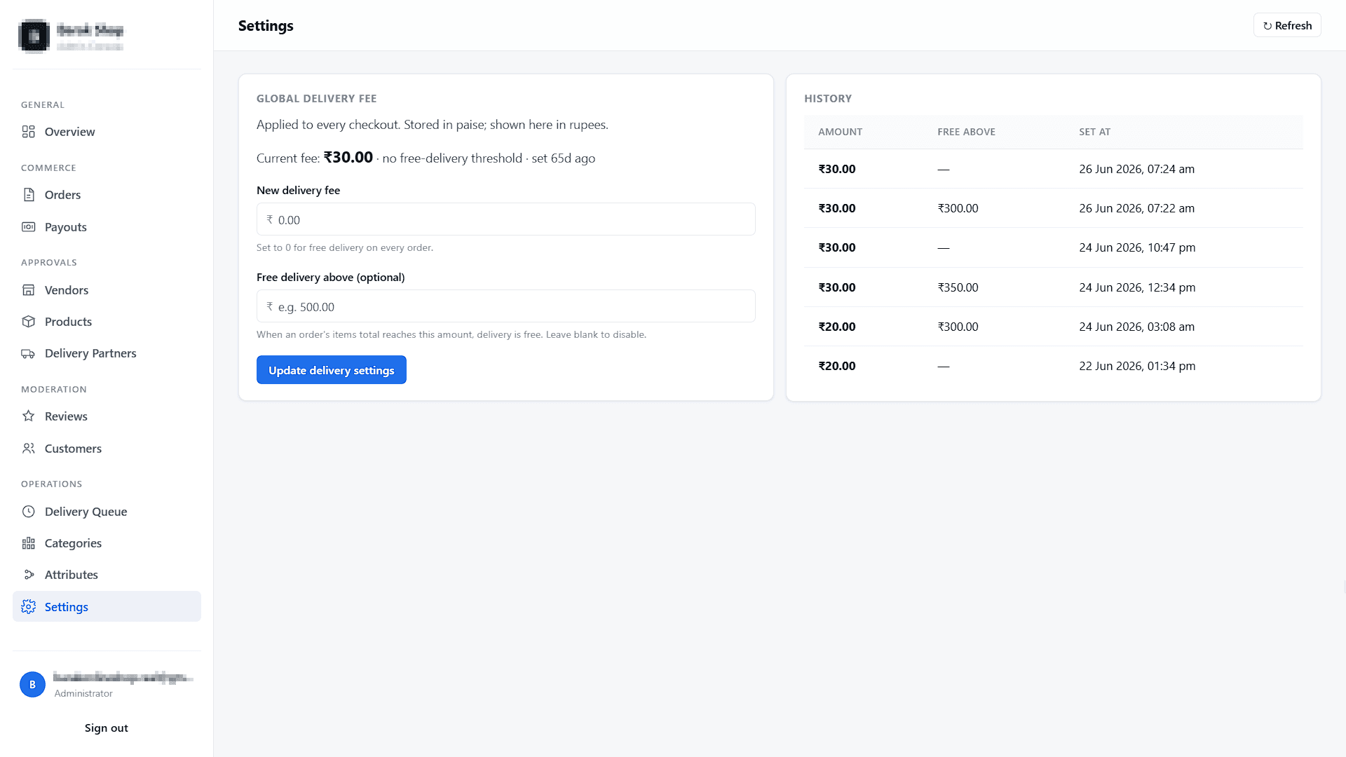 Delivery Fee Configuration & History